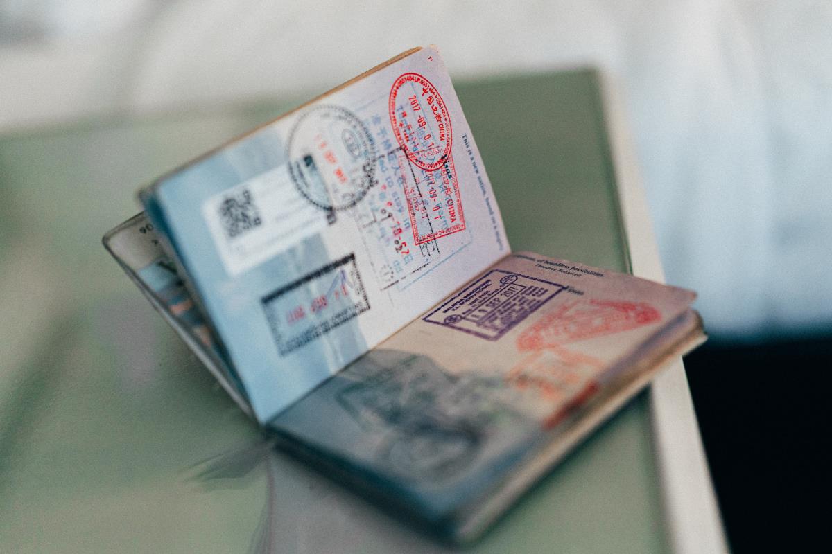 Open passport on a desk